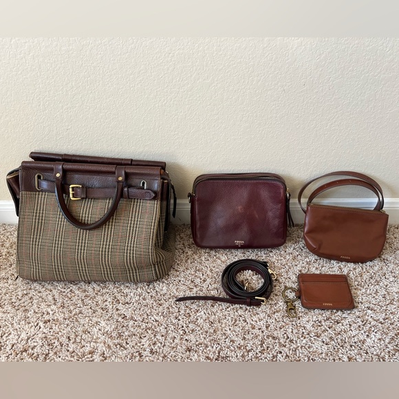 Fall Leather Purse Lot 🍂Plaid Handbag and Multiple Brown/Raisin Fossil Bags - Picture 1 of 13
